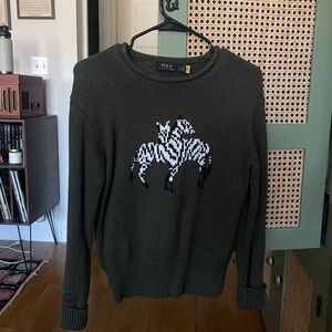 Ralph Lauren Olive Knit Sweater Zebra Graphic